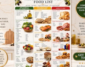 Mediterranean Diet Food List Printable PDF | Grocery Chart Checklist | Heart Healthy Food Guide | A4 Digital Download + FREE 7-Day Meal Plan