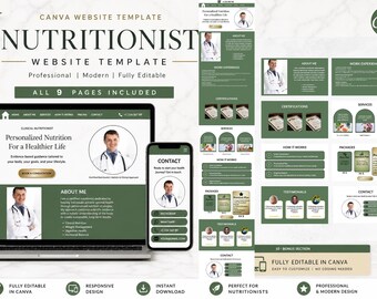 Canva Website Template Health Coach, Nutritionist Dietitian Custom Website Template, Wellness Business Green Site, Editable Canva Website