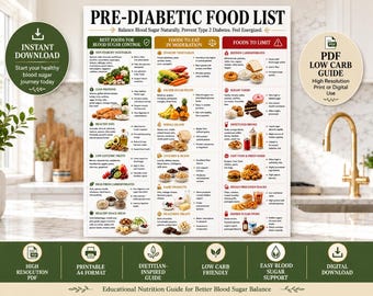 Pre Diabetic Food List, Foods To Avoid Pdf Printable, Symptom Tracker, Blood Sugar Log, Low Carb Glycemic Index Diet, Grocery Chart