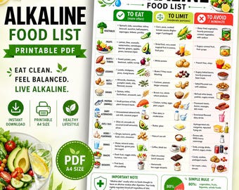 Alkaline Food List, Alkaline Diet Printable Bundle PDF, Foods Chart Grocery List Meal Planner Water Tracker,Instant Download Eat Limit Avoid
