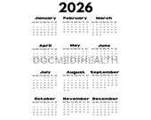 2026 Calendar Printable, PNG Clipart, Annual Calendar with Transparent Background, Monday & Sunday Start