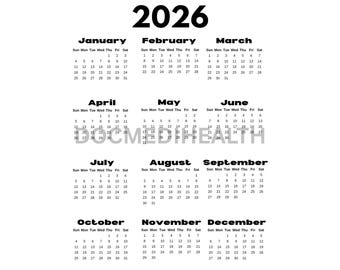 2026 Calendar Printable, PNG Clipart, Annual Calendar with Transparent Background, Monday & Sunday Start