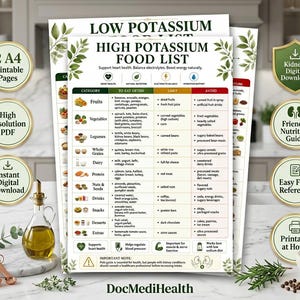 Op de afbeelding: Een digitale print getiteld "Low Potassium High Potassium Food List" met een gedetailleerde voedingsgids. De gids staat op twee A4-pagina's en bevat secties over fruit, groenten, peulvruchten en meer. Inclusief "2 A4 afdrukbare pagina's".