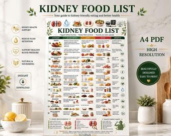 Kidney Food List, Foods to Avoid Pdf, Stage 1 2 3 & 4 , Renal Kidney Disease Diet Grocery Chart, Low Potassium Sodium Phosphorus Lists