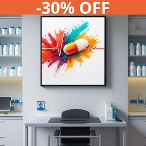 May include: A white canvas with a colourful abstract design featuring a red, orange, yellow, blue, and green paint splatter. A red line with a heartbeat symbol is drawn across the canvas. A large orange and white pill is centred on the canvas. The canvas is framed in black and hangs on a white wall. The text " -30% OFF" is displayed in orange at the top of the image.