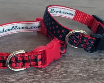 3/8" width Red and Black Check or Polkadot Dog Collars - narrow width for small / tiny dogs / puppies