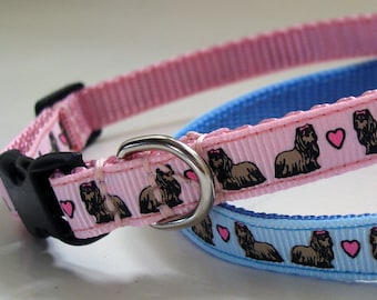 3/8" width Pink or Blue Dog and Hearts Collar - narrow width for small / tiny / toy dog / puppy