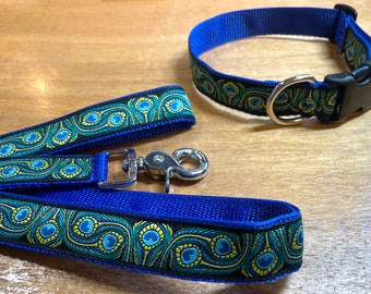 1" width Peacock Feather Dog Collar & Leash Set -  larger dogs