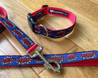 1" width 'Woof' pattern Dog Collar & Leash Set -  larger dogs. Choice of colours