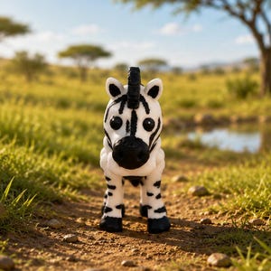 May include: A small, stylized zebra figurine featuring a white body with distinct black stripes, a black mane, and a black nose. The figure has large, dark, round eyes and stands on four legs, showcasing a smooth, matte finish and a compact design.