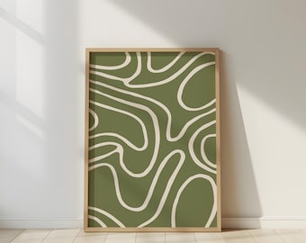Modern Wall Art, Minimalist Abstract Print, Olive Green Line Artwork, Boho Printable Poster, Mid Century Living Room Decor - Contour Flow