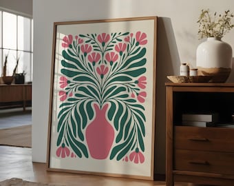 Pink Botanical Print: Mid-Century Modern Floral Vase Art (Digital Download)