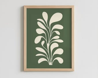 Olive Green Botanical Wall Art, Mid Century Modern Art Print, Abstract Minimalist Plant Poster for Living Room Decor - Blooming Simplicity