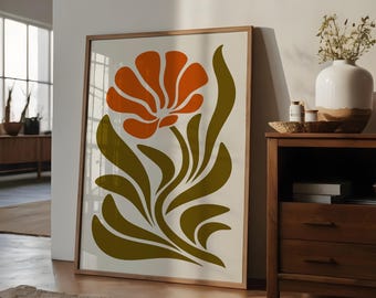Mid-Century Modern Botanical Print: Retro Orange Flower (Digital Download