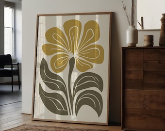 Stampa botanica moderna di metà secolo: arte murale Japandi verde oliva (download digitale)