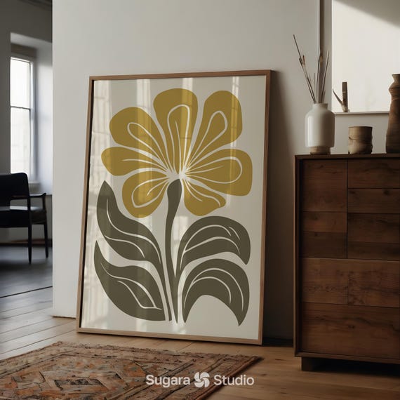 Mid Century Modern Botanical Print: Olive Green Japandi Wall Art (Digital Download)