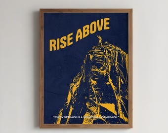 Vintage Mountain Art Print: Navy & Yellow "Rise Above" Quote (Digital Download)