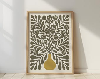 Yellow Mustard & Olive Green Botanical Wall Art Print, Mid Century Modern Living Room Decor , Abstract Retro Flower Poster – Bloomwave Ochre