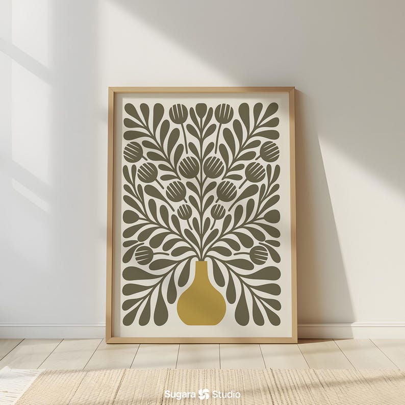 Yellow Mustard & Olive Green Botanical Wall Art Print, Mid Century Modern Living Room Decor , Abstract Retro Flower Poster, Boho Botanical Print, Scandinavia Wall Art, Minimalist Plant Poster, Bedroom Wall Decor, Mid century Modern Wall Art Print