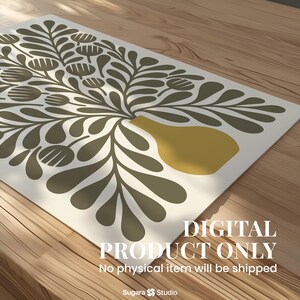 May include: A digital print featuring a stylized floral design in olive green and mustard yellow on an off-white background. The artwork includes a vase and botanical elements. The text "DIGITAL PRODUCT ONLY" and "No physical item will be shipped" is visible.