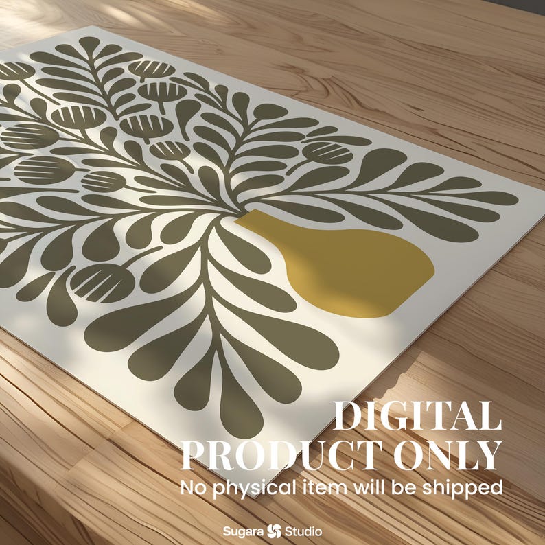 May include: A digital print featuring a stylized floral design in olive green and mustard yellow on an off-white background. The artwork includes a vase and botanical elements. The text "DIGITAL PRODUCT ONLY" and "No physical item will be shipped" is visible.