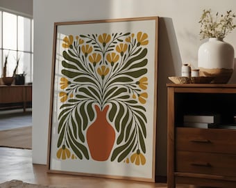 Impression botanique Mid-Century moderne : vase orange brûlé, vert olive (téléchargement numérique)