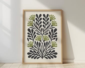 Lámina botánica verde oliva Japandi: Arte minimalista de hojas (descarga digital)