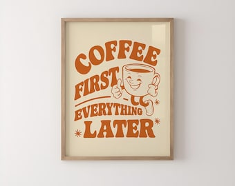 Retro Coffee Cup Print: Coffee First Kitchen Art (Digital Download