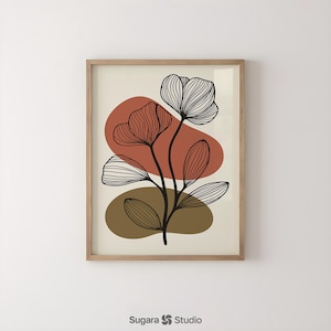 Earthy Bloom | Mid-Century Modern Floral Print, Burnt Orange & Olive Green Wall Art, Minimalist Botanical Digital Download for Home