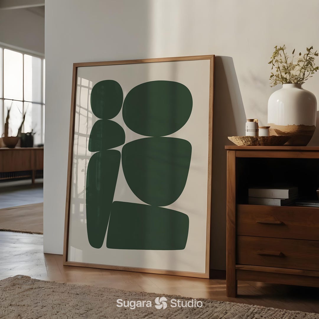 Mid Century Modern Abstract Print: Green Beige Geometric Wall Art ...