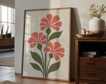 Mid-Century Botanical Print: Blush & Olive Green Floral Wall Art (Digital Download