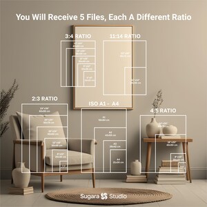 May include: An interior design image showing various print sizes and ratios, including 3:4, 2:3, 4:5, and 11:14. The image includes a chair, side table, and decorative items. Text on the image reads "You Will Receive 5 Files, Each A Different Ratio."