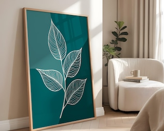 Dark Teal Botanical Print: Minimalist Leaf Line Art (Digital Download)