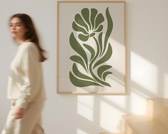 Botaniczny nadruk w kolorze oliwkowym: Skandynawska sztuka ścienna w stylu mid-century modern (do pobrania cyfrowego)