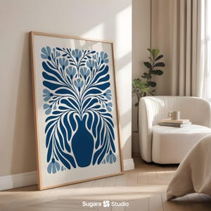Marineblaue Blumenwandkunst, botanische Drucke, modernes minimalistisches Blumenplakat, skandinavischer digitaler Kunstdruck - Verdelune Azul