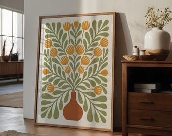Impression d&#39;art mural botanique moderne Mid-Century : Bloomwave Sienne | fleur de vase abstraite orange brûlé et vert olive | Téléchargement numérique