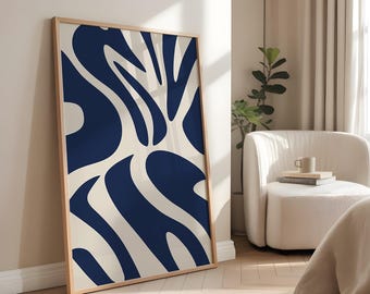 Minimalist Modern Abstract Wall Art Print, Downloadable Navy Blue and Beige Poster Artwork, Mid-Century Inspired Decor | Midnight Flow