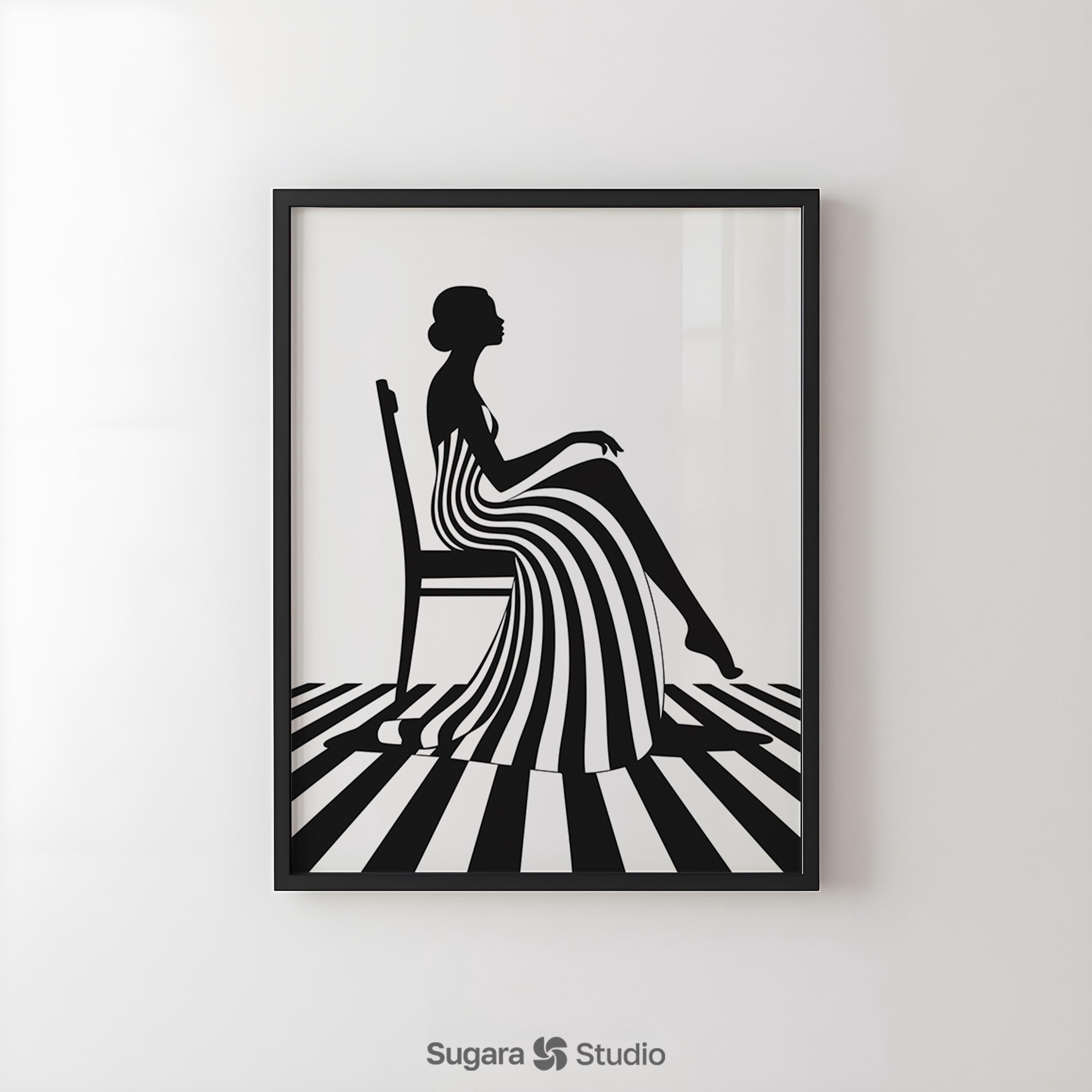 Black and White Wall Art, Minimalist Woman Silhouette Poster, Modern Striped Fashion Print, Optical Illusion Art, Monochrome Art – Stripella