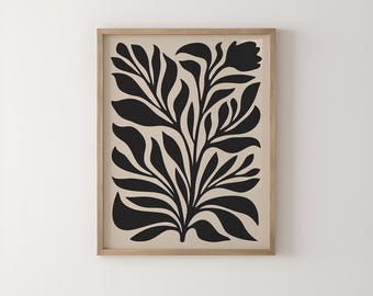Minimalistisk botanisk väggkonst: Svart & beige abstrakt tryck (digital nedladdning)