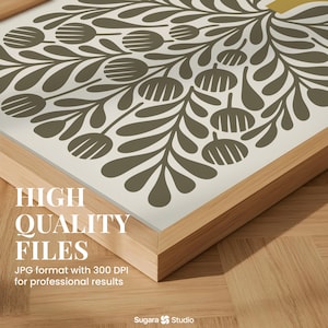 May include: A framed print featuring a botanical design in olive green on an off-white background. The artwork is encased in a light-colored wooden frame. Text on the image reads "HIGH QUALITY FILES" and "JPG format with 300 DPI for professional results."