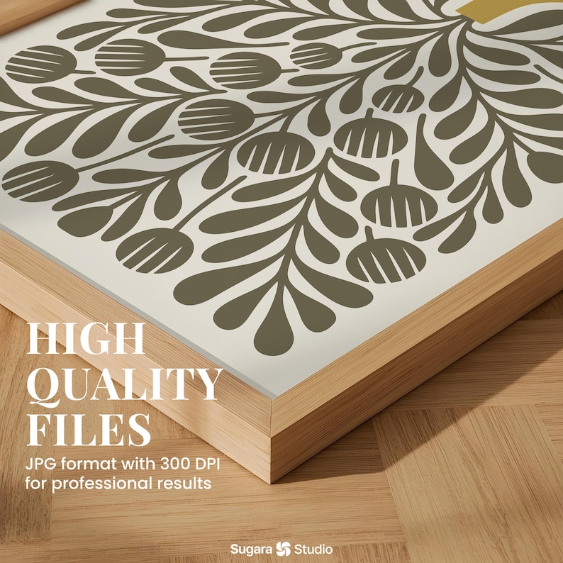 May include: A framed print featuring a botanical design in olive green on an off-white background. The artwork is encased in a light-colored wooden frame. Text on the image reads "HIGH QUALITY FILES" and "JPG format with 300 DPI for professional results."