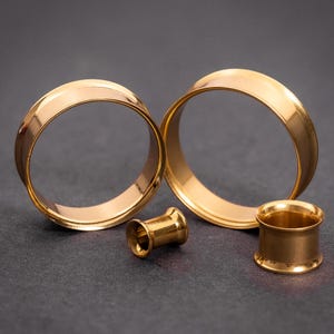 Pode incluir: Três dilatadores de orelha dourados, dois maiores e um menor. Os dilatadores maiores são circulares e têm uma borda chanfrada. O dilatador menor é cilíndrico.