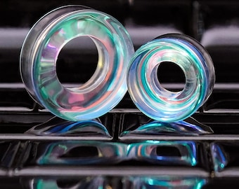 Blue & Green Iridescent Glass Plug / Tunnel / Gauge - Double Flare Glass Ear Plugs / Gauges in 10mm (00g), 20mm (13/16th), 30mm (1.18")