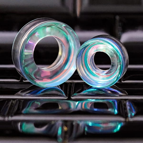 Blue & Green Iridescent Glass Plug / Tunnel / Gauge - Double Flare Glass Ear Plugs / Gauges in 10mm (00g), 20mm (13/16th), 30mm (1.18")