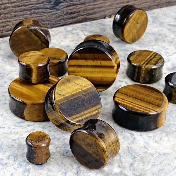 Tappi per le orecchie in occhio di tigre / calibro - Tappi per le orecchie in pietra a doppia svasatura / calibro da 10 mm (00 g) a 30 mm (1,18")