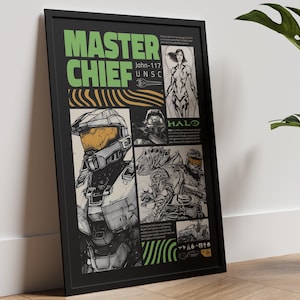 Pode incluir: Pôster emoldurado em preto com uma ilustração de Master Chief da série de videogames Halo. O pôster inclui o texto "MASTER CHIEF" em verde e a palavra "HALO". A obra de arte é em preto e branco, com tons de verde e dourado. O pôster está encostado em uma parede branca.