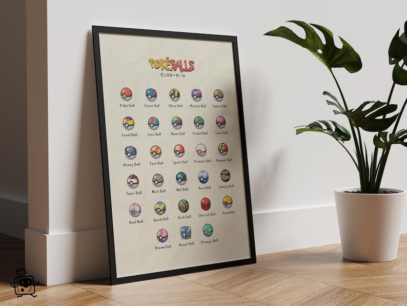 K&ouml;nnte beinhalten: Gerahmtes Poster mit einer Sammlung farbenfroher Pok&eacute; B&auml;lle, jeder mit einem einzigartigen Design. Das Poster enth&auml;lt das Wort "Pok&eacute;balls" auf Englisch und Japanisch. Der schwarze Rahmen bildet einen Kontrast zum beigen Hintergrund und erzeugt eine ansprechende Darstellung.