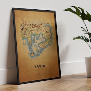 May include: A framed map print of the Kanto region, with a detailed illustration in green, brown, and blue. The map is set against a tan background and includes Japanese text. The black frame enhances the artwork.