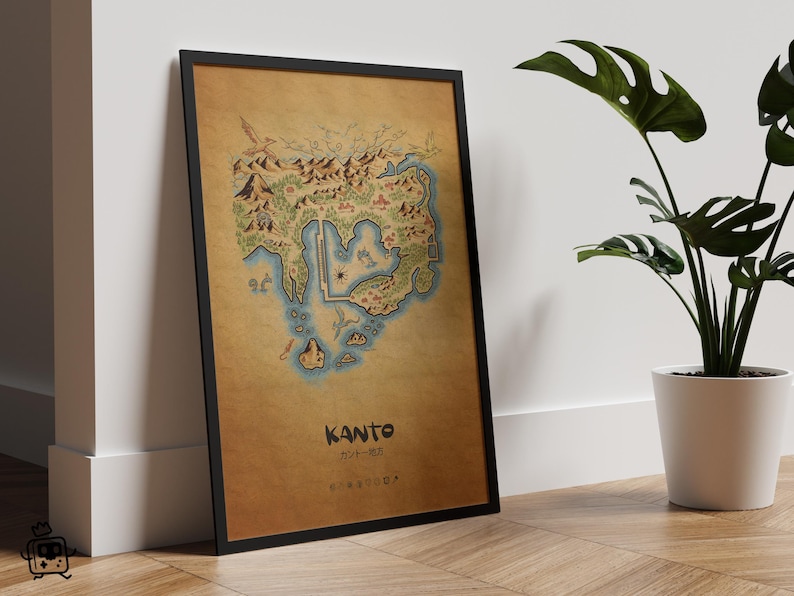 May include: A framed map print of the Kanto region, with a detailed illustration in green, brown, and blue. The map is set against a tan background and includes Japanese text. The black frame enhances the artwork.