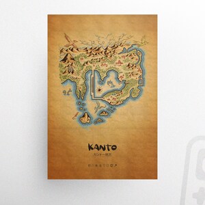 May include: A vintage-style map of the Kanto region, with detailed illustrations of mountains, forests, and bodies of water. The map is in shades of brown, green, and blue, with the word "KANTO" and Japanese text at the bottom.